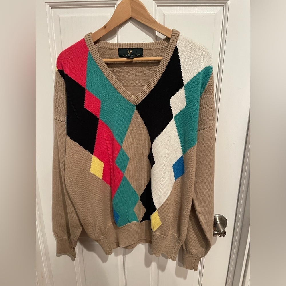 Lyle & Scott Multicolor V-Neck Mens Sweater L Vintage